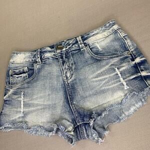 RSQ Maui High Rise Distressed Frayed Denim Blue Jeans Shorts Stretchy Jr Size 3